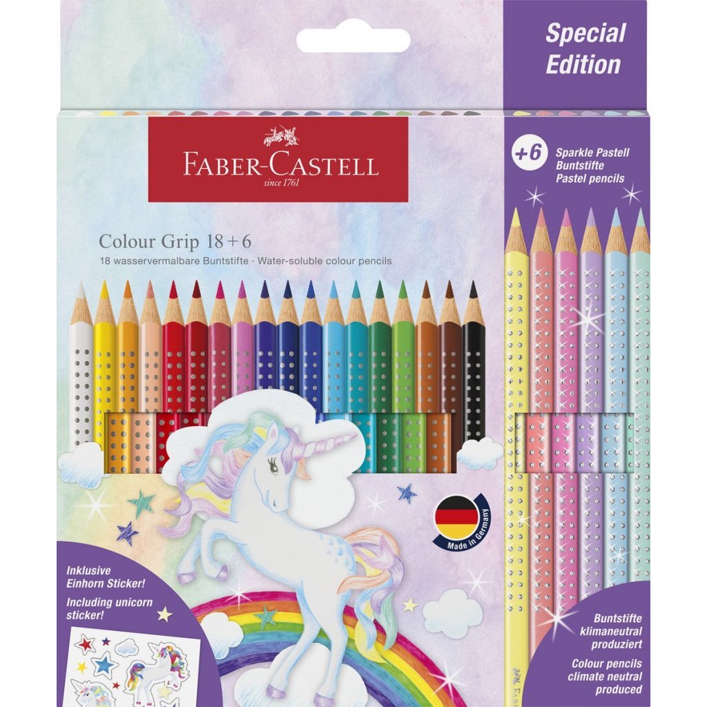 Faber Castell FC-201543 Colour Grip Kleurpotloden 18 Stuks + 6 Sparkle Pastel Kleurpotloden en Unicorn Stickers