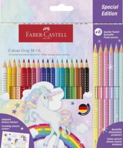 Faber Castell FC-201543 Colour Grip Kleurpotloden 18 Stuks + 6 Sparkle Pastel Kleurpotloden en Unicorn Stickers