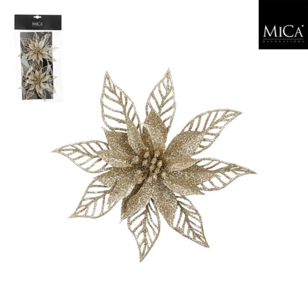 Mica Decorations Clip Poinsettia 2x16 cm Champagne 2 Stuks