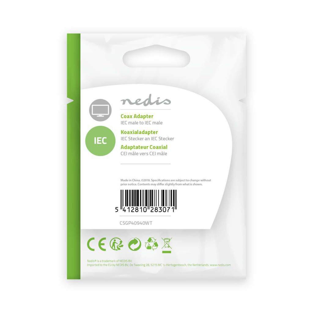 Nedis CSGP40940WT Coaxadapter Iec (coax) Male - Iec (coax) Male Wit - Afbeelding 3