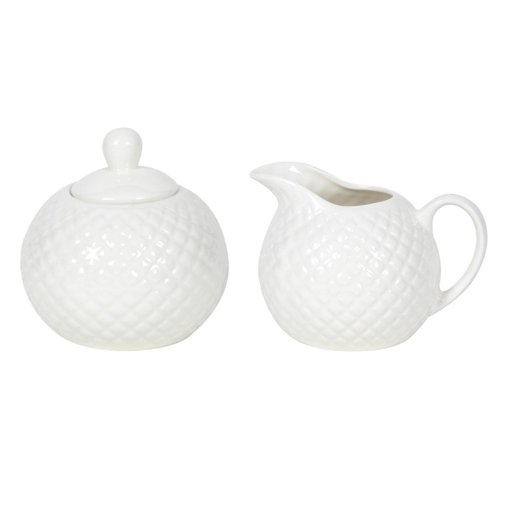 Porseleinen Melkkan en Suikerpot met Diamond Motief Wit