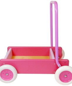 Van Bueren Houten Duwwagen met Leren Lopen Stand Roze